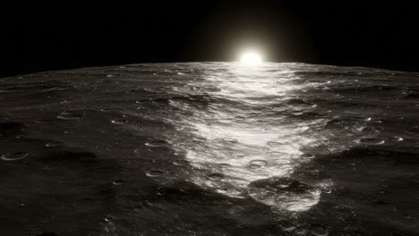 a breathtaking view of the lunar landscape at sunrise, showcasing the vast, rugged terrain illuminated by the emerging sun and the reflective surface of the moon