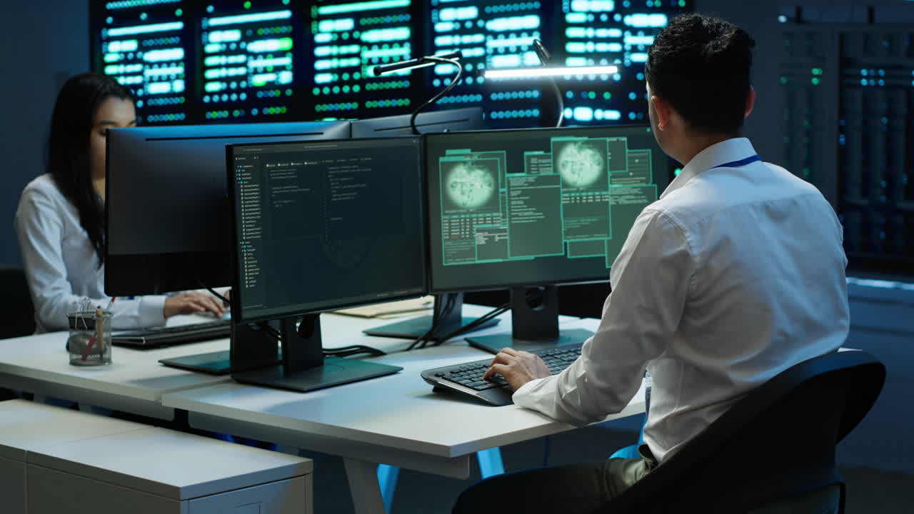 equipo de técnicos en el centro de servidores alertado por un hacker que pasa el cortafuegos