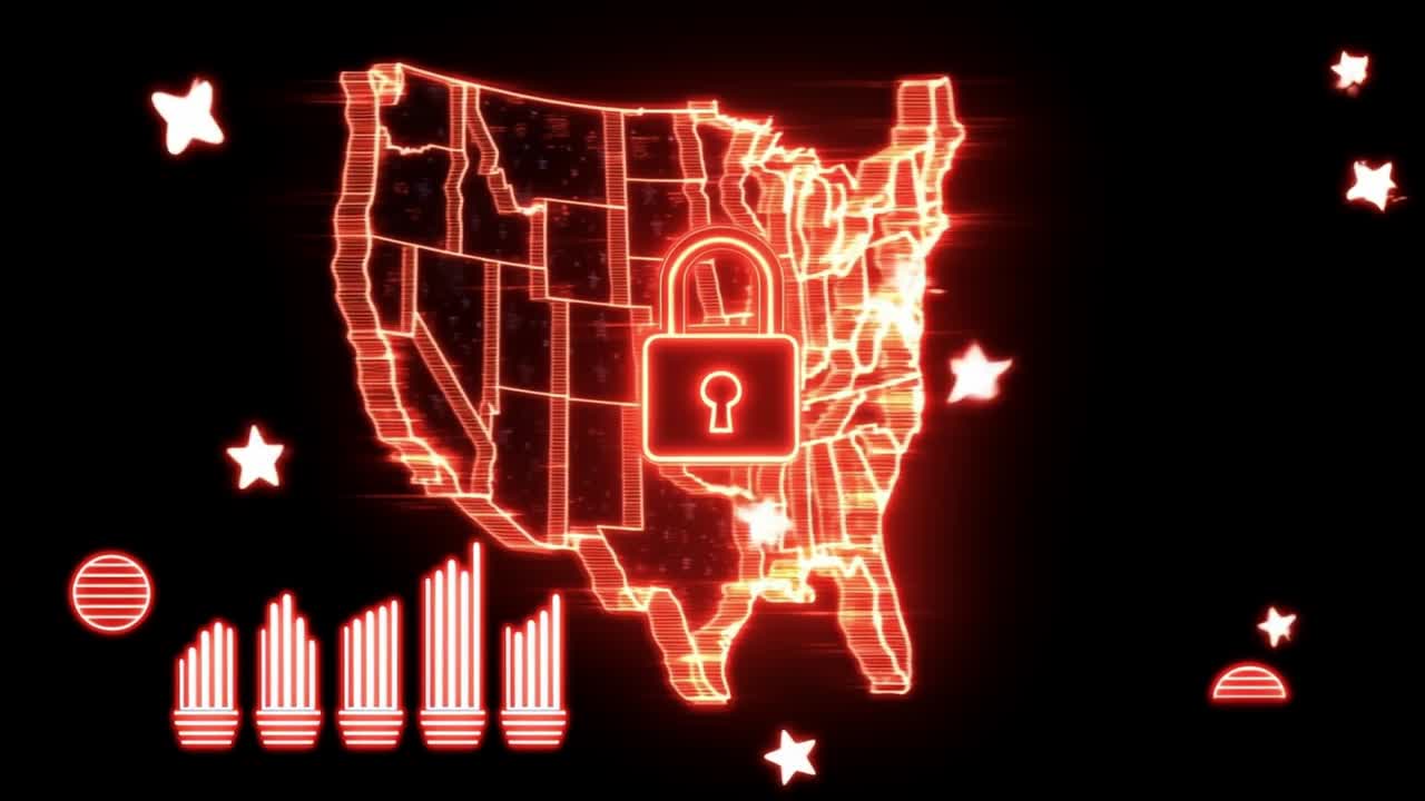 US Map with Security Lock Icon and Red Neon Glow