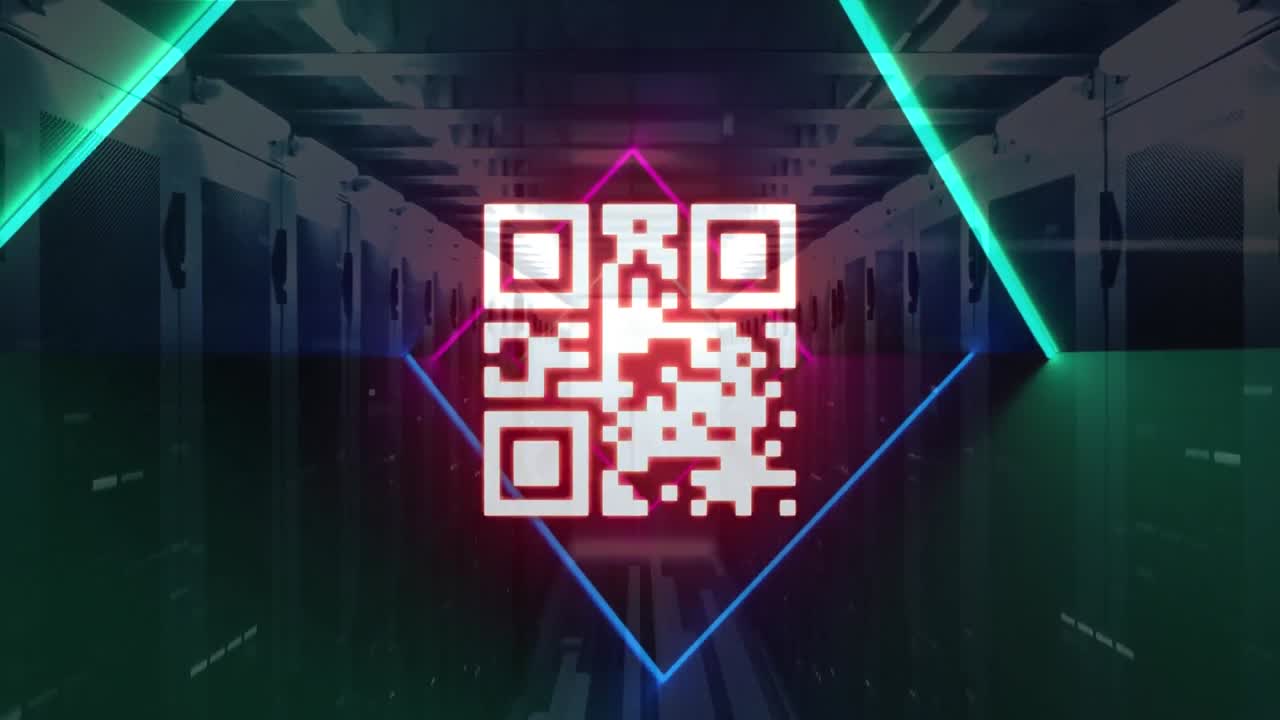 QR code scanner with neon elements against empty server room