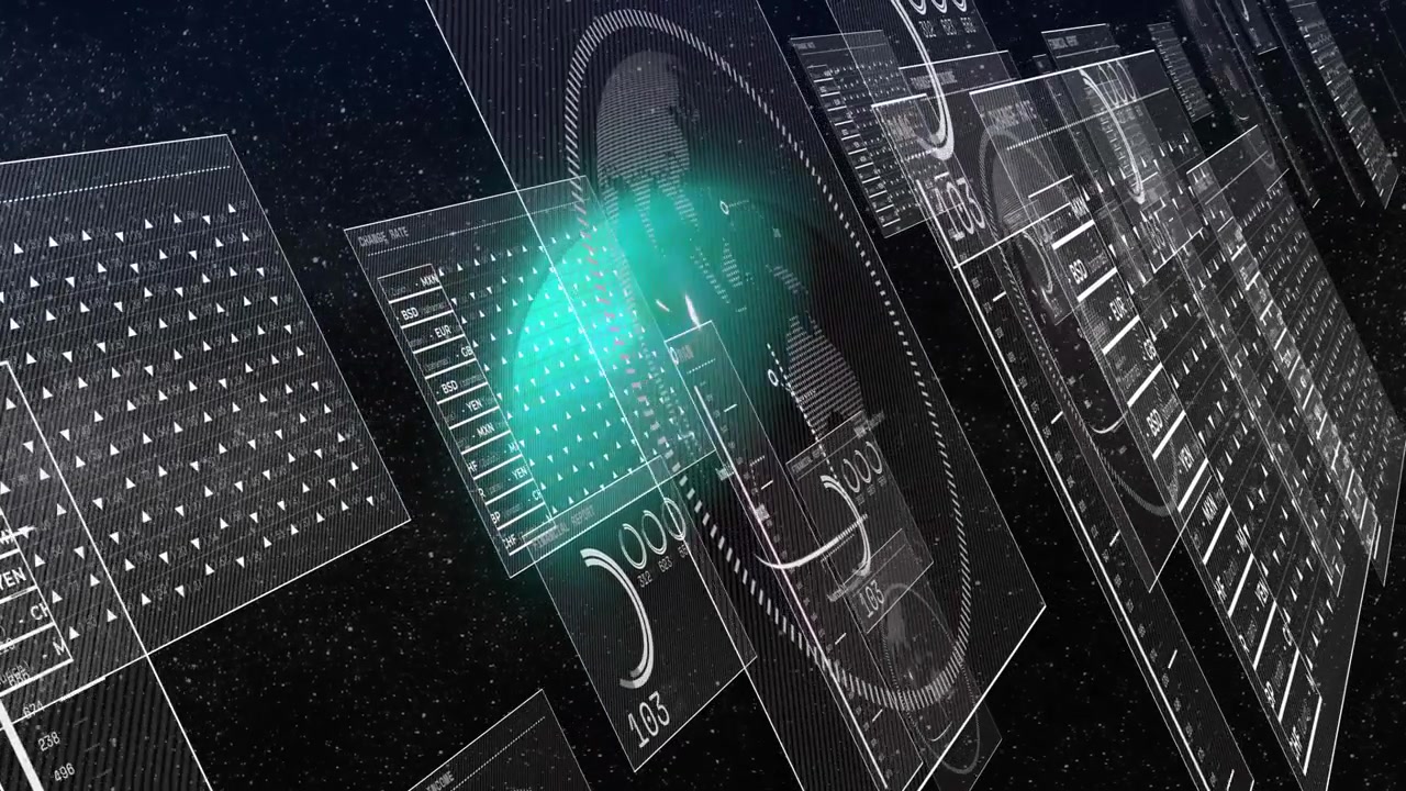 Digital data panels and world map animation over dark starry background