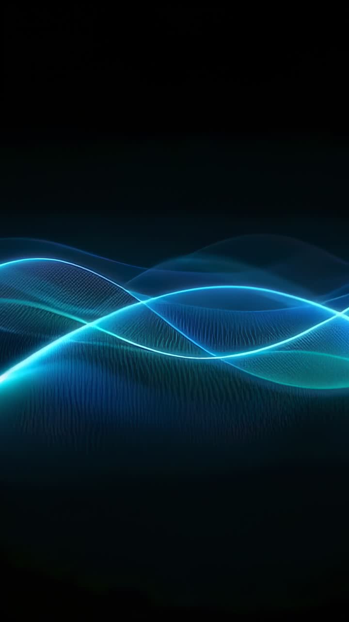 Vertical video: Glowing cyan waves sliding on dark backdrop, frames advancing creating mesh effect