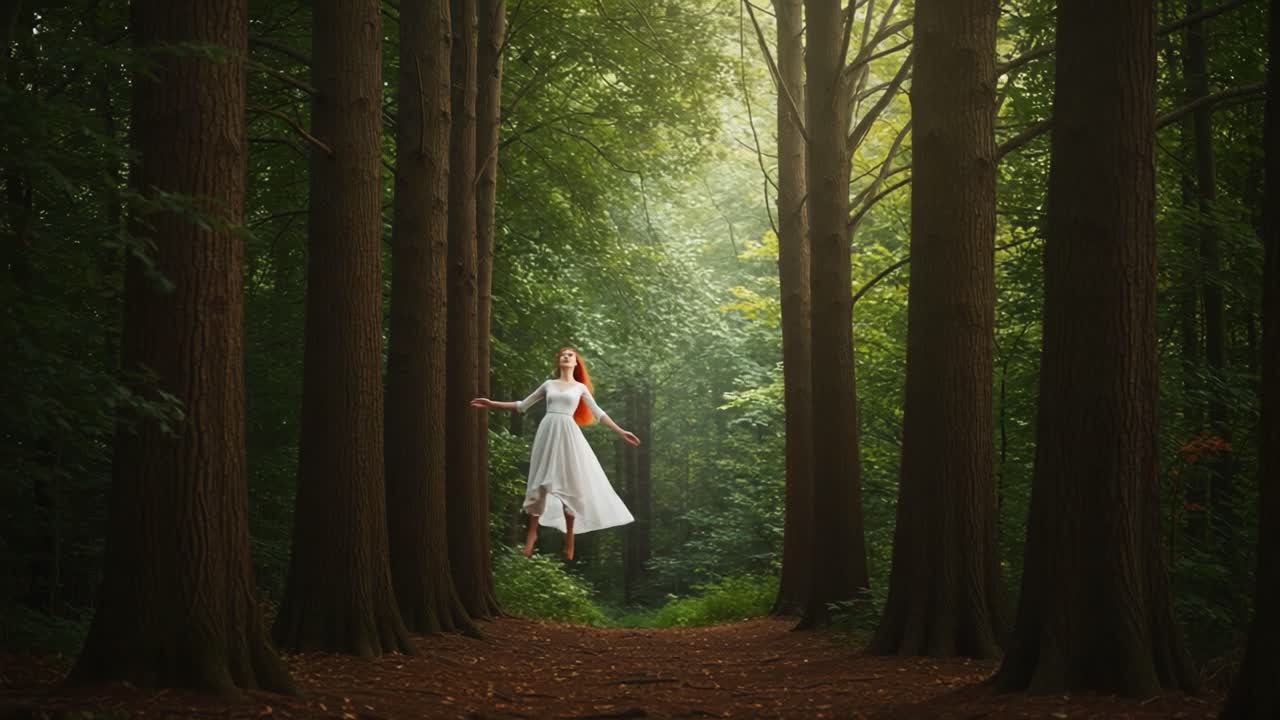 A Serene Enchantment: Ethereal Figure in White Dress Hovering Amidst Towering Trees in a Sunlit Forest