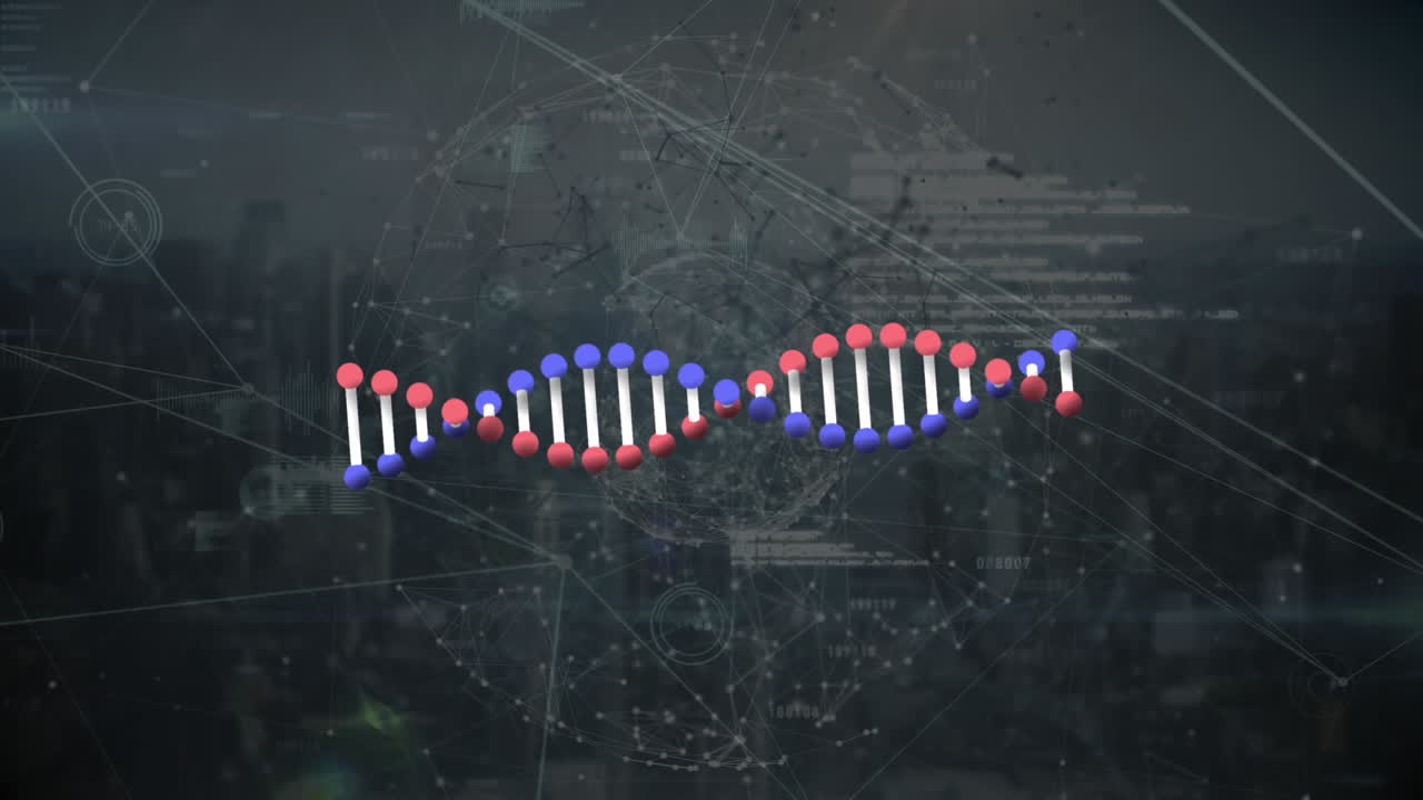 장갑 위의 dna 애니메이션, 데이터 및 흐려진 어두운 도시 풍경