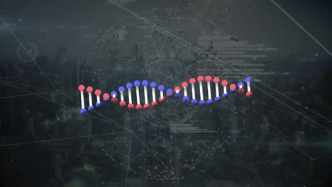 장갑 위의 dna 애니메이션, 데이터 및 흐려진 어두운 도시 풍경