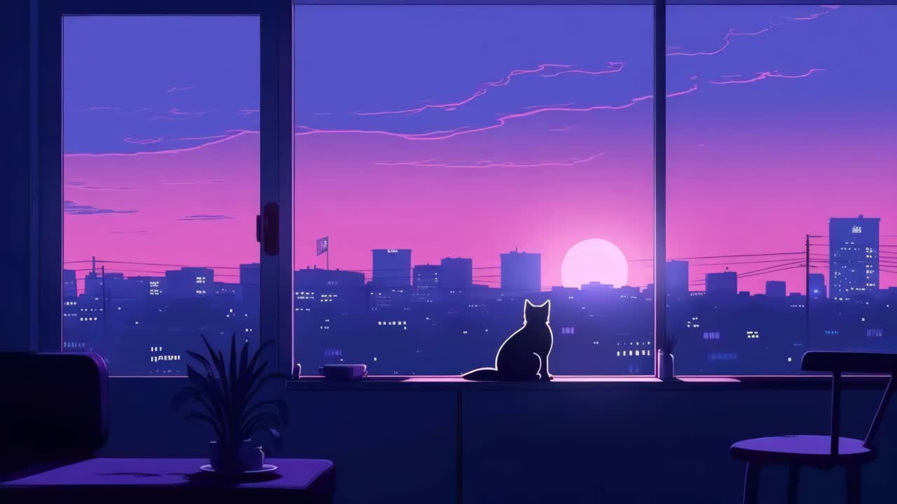 A serene, animated cityscape at sunset viewed from a window