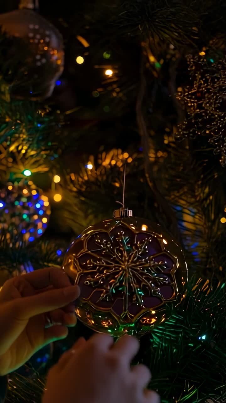 Vertical video: Hanging gold ornament on home Christmas tree by dark-sleeved hands to decorate