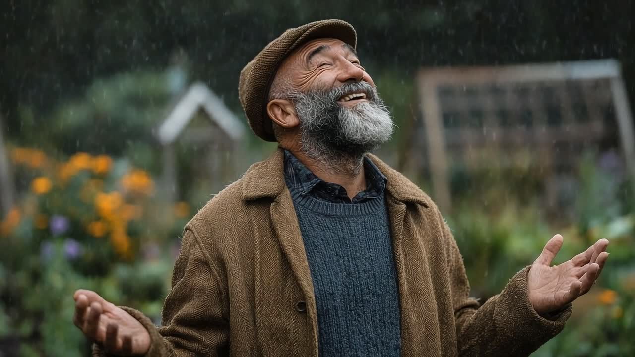 Elderly Man Embracing Nature's Rain: A Joyful Connection with the Elements Amidst a Lush Garden Setting