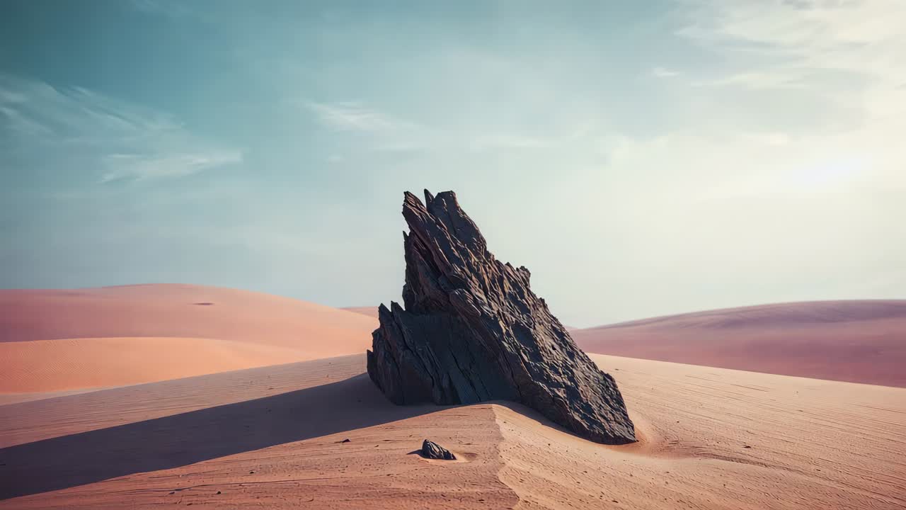 Movimento di macchina che rivela affioramento roccioso a strati frastagliati tra le dune del deserto, con increspature di sabbia e ombre