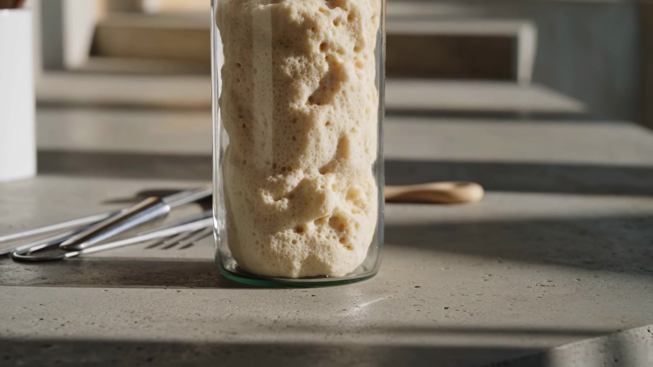 Close-up view of porous sponge packed inside clear cylindrical glass jar resting on speckled concrete countertop under soft side light in minimal domestic kitchen scene