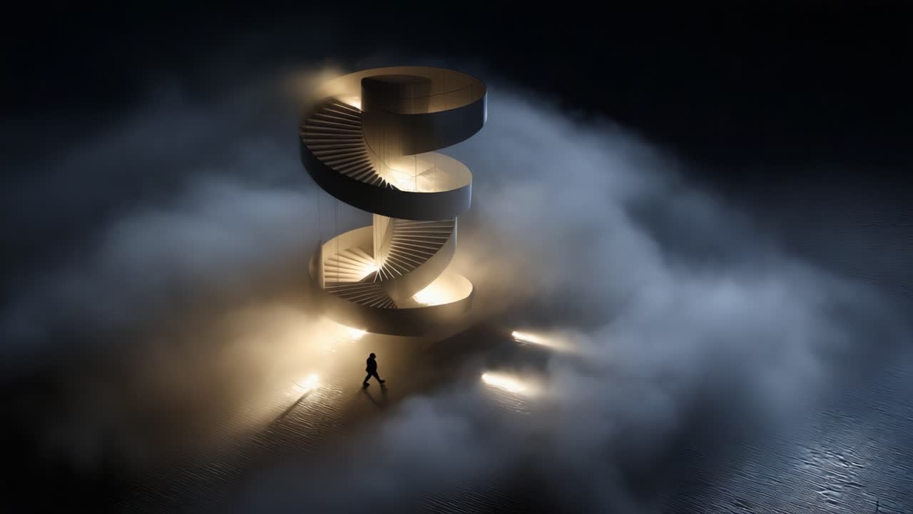 A Surreal Journey Through an Ethereal Spiral Staircase Illuminated by Mysterious Lights in a Foggy Atmosphere Seamlessly Blending Architecture and Art in a Breathtaking Visual Experience