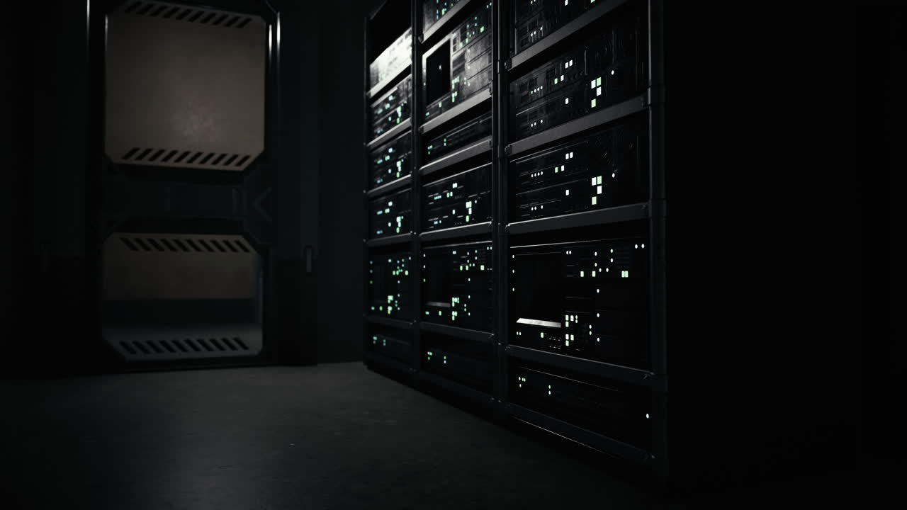 Dark server room with illuminated equipment and shadowy corners at night