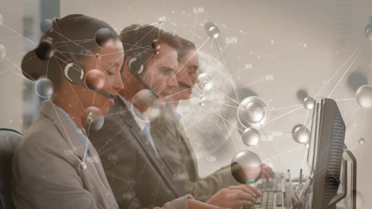 front agent putting on headset initiating call while network graphic forming around center agents