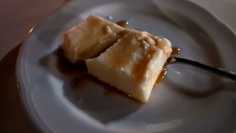 close-up of creamy white dessert with honey or syrup