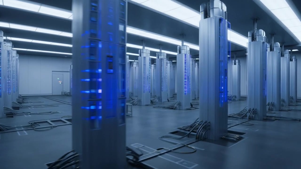 High-Tech Data Center with Rows of Illuminated Server Racks