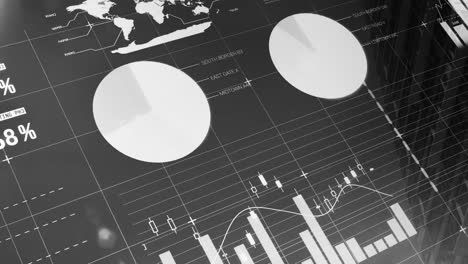 animation of financial data processing over cityscape