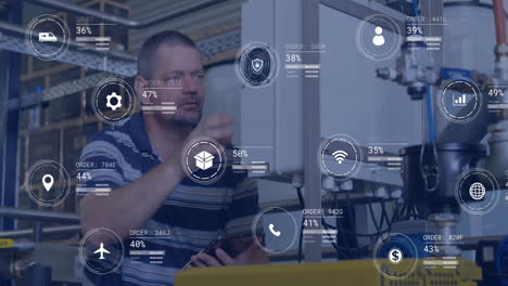 animación de iconos y procesamiento de datos sobre el hombre caucásico que trabaja en la fábrica