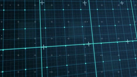 Animation-of-plus-signs-over-grid-pattern-moving-on-black-background