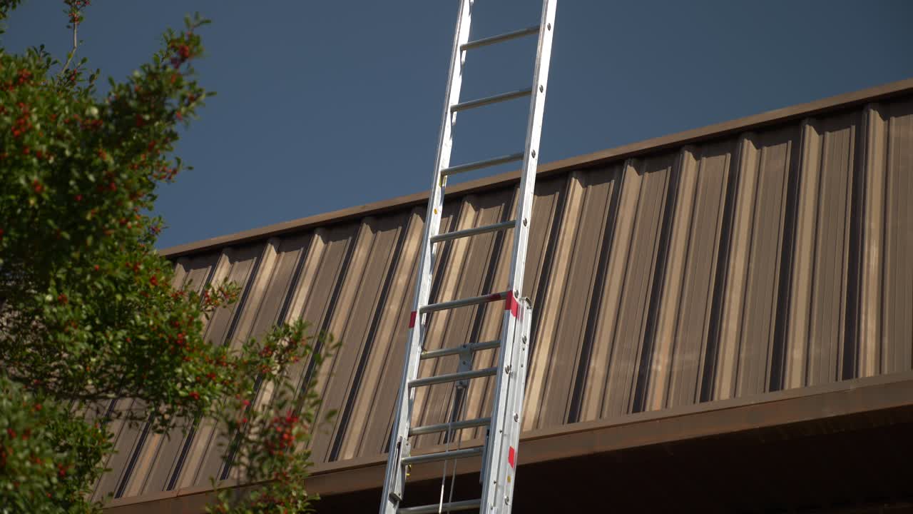 A fire rescue ladder is set against a building