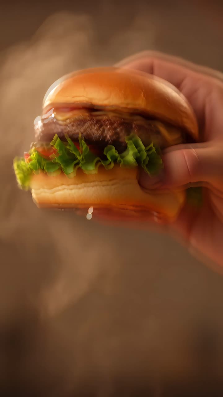 Hamburger 4K Fast Food con pollo fritto croccante e patatine fritte. Sfondo cinematografico.