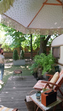 relaxing summer patio by a trailer