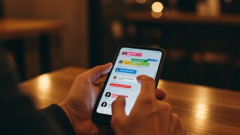 user engaging with messaging app on smartphone in cozy environment, interacting with conversations and contacts on a wooden table at evening