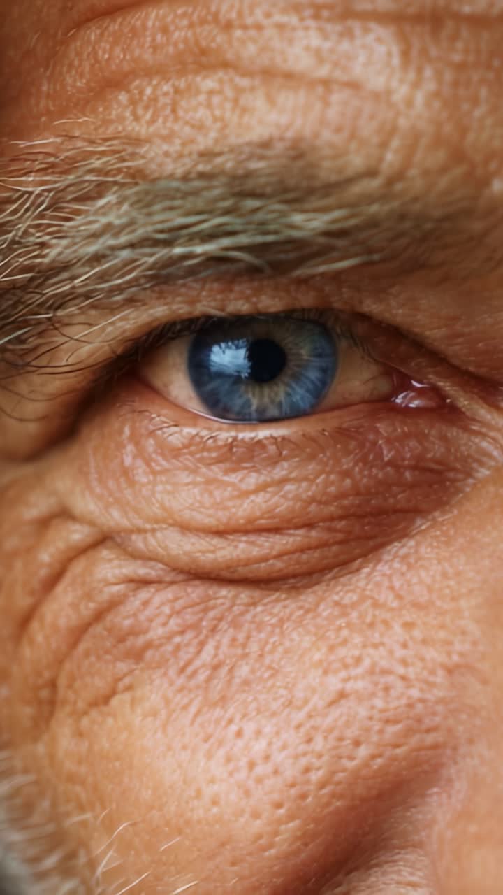 Primo piano di un occhio intenso che mostra texture ed emozioni dettagliate, mettendo in risalto l'iride blu unica e le rughe intorno alla pelle matura in alta risoluzione