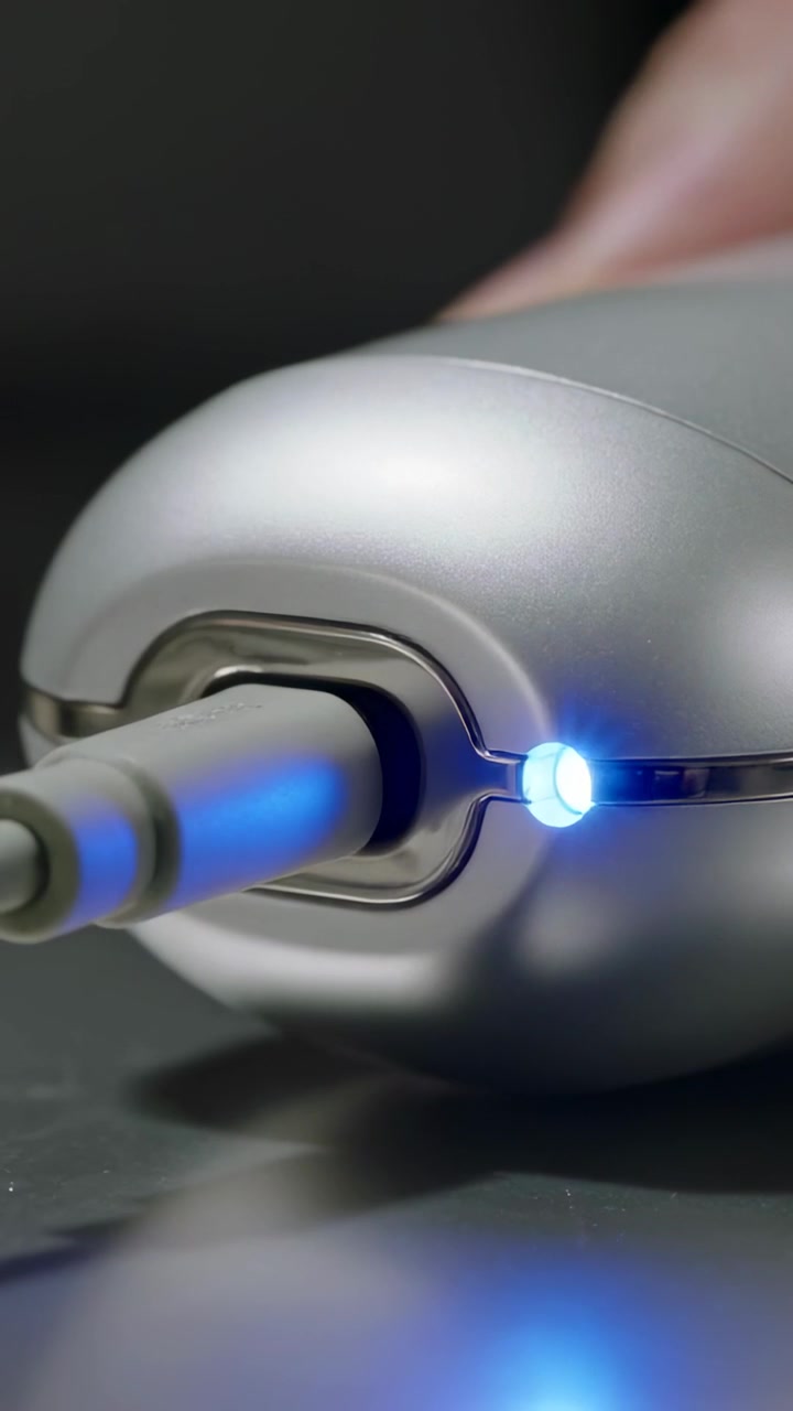 Vertical video: Guiding hands pushing plug into silver device on desk powering unit lighting LED