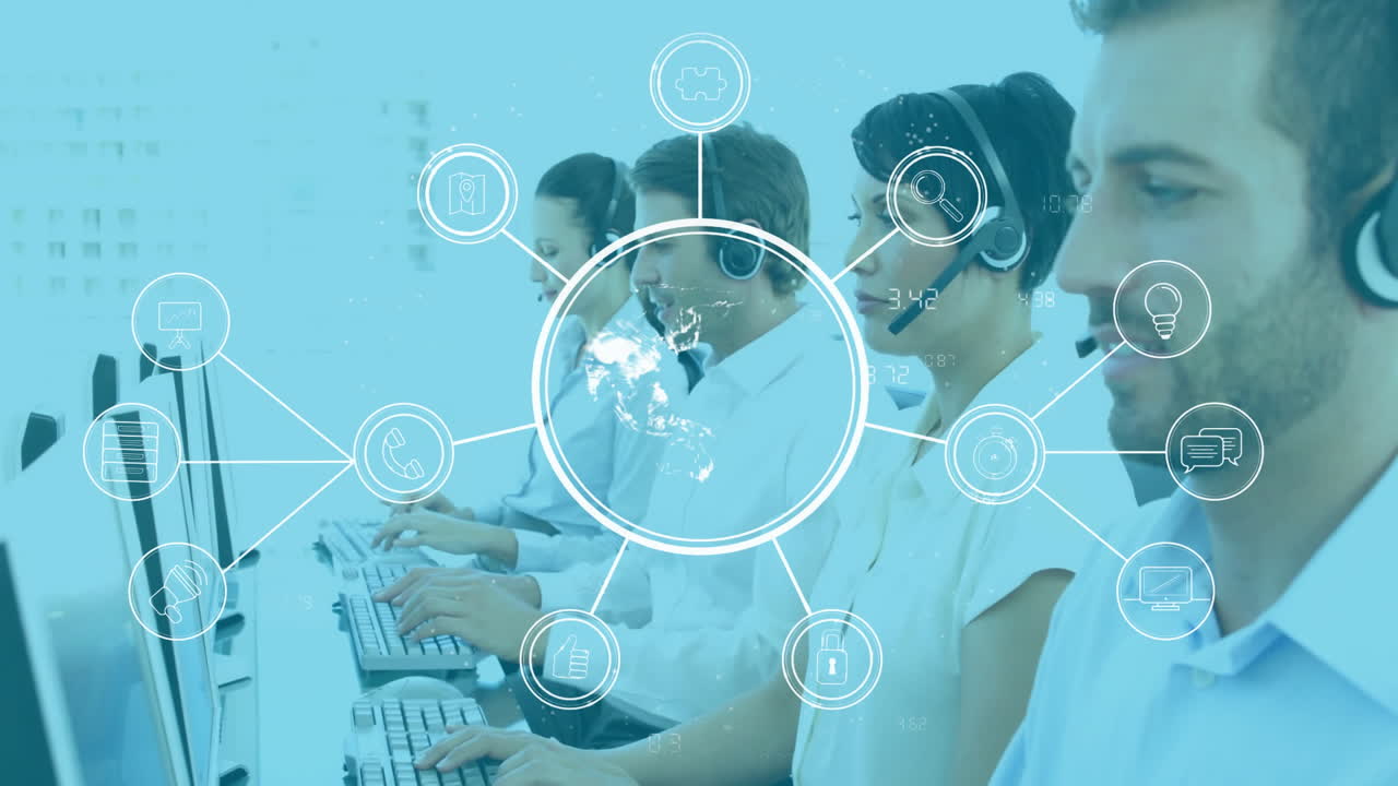 representantes de servicio al cliente que trabajan con conexiones de red global animación sobre ellos