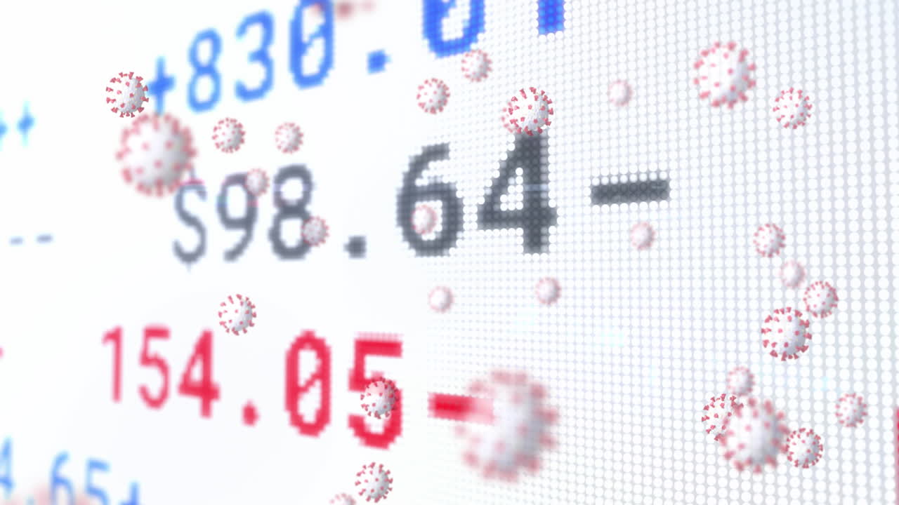 주식 시장 위에 떠다니는 바이러스 세포의 애니메이션