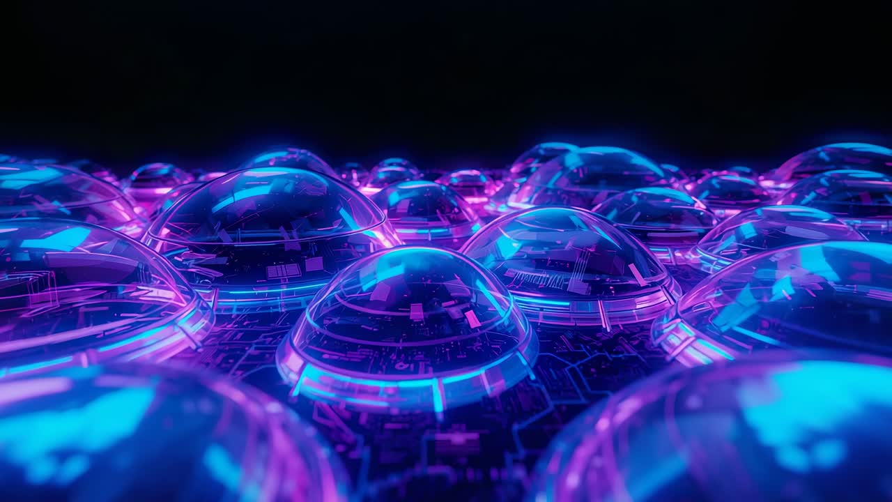 Moving camera dolly revealing clear domes pulsing across circuit surface to highlight neon traces
