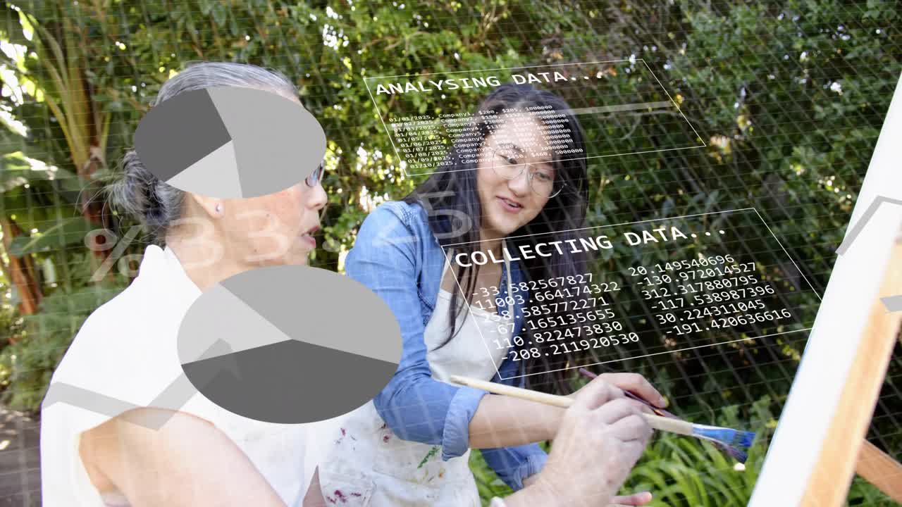 Art teacher showing brush, senior woman following painting in garden, data charts animating