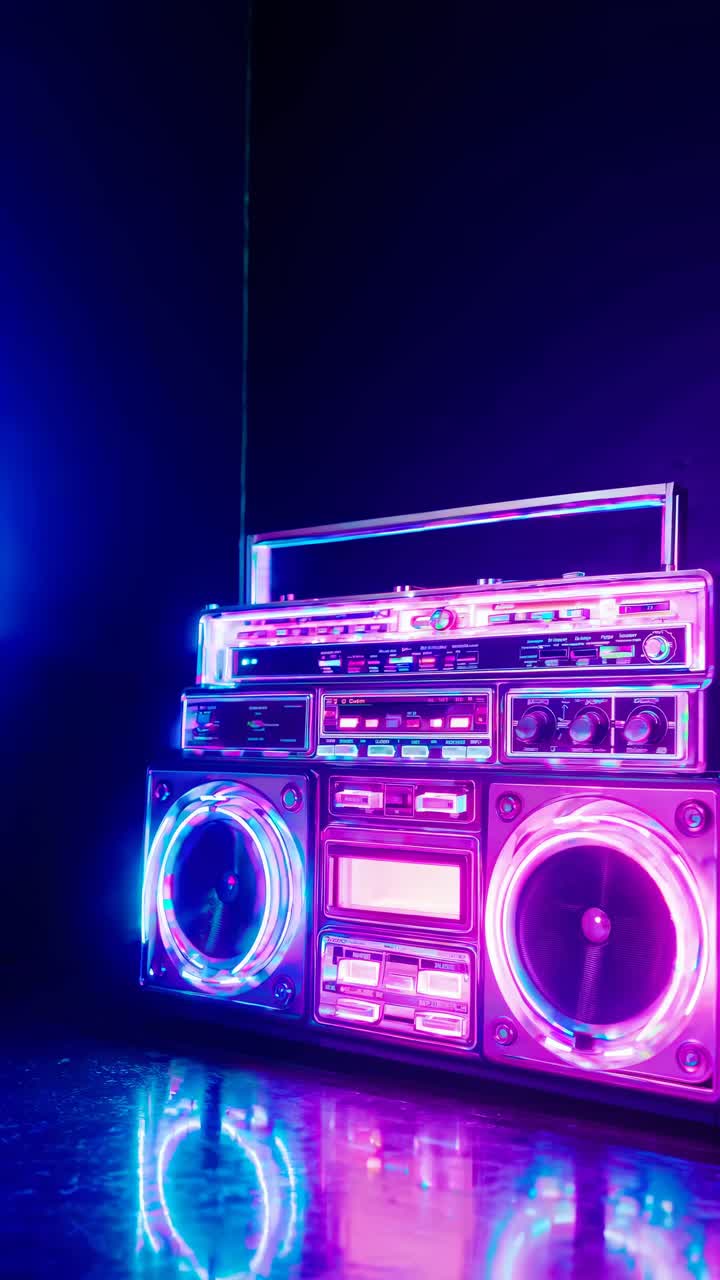 Radiosveglia rétro con luci al neon, ripresa dal basso. Concept video vivace, stile anni '80. Mobile live