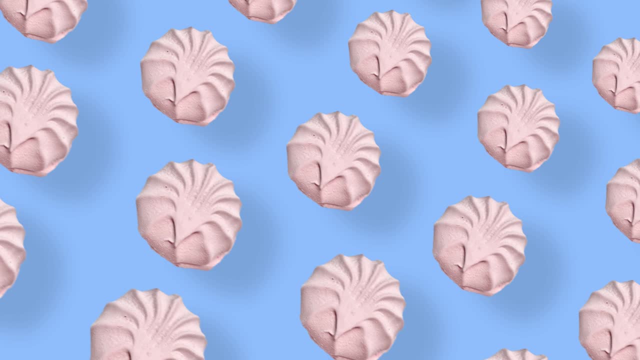 파란색 배경에 그림자를 가진 분홍색 제피르의 다채로운 패턴, 제피르와 함께 원활한 패턴, 마쉬멜로,  뷰, 현실적인 애니메이션, 4k 비디오 모션