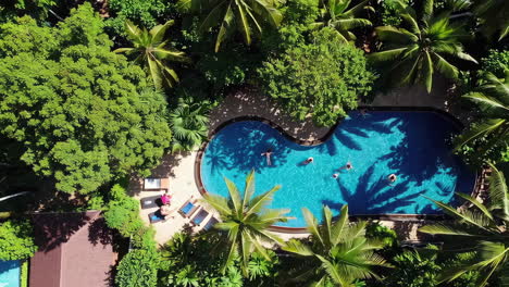 aerial view of a tropical resort swimming pool with people