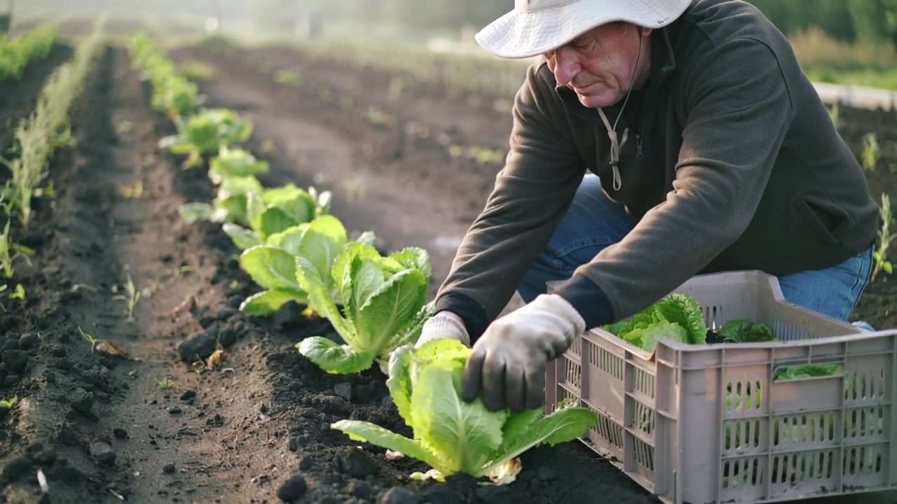 Agricultor mayor con sombrero y guantes inspeccionando, agarrando y tirando lechuga en la hilera de cultivo, llenando una caja.