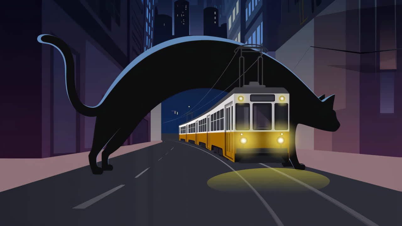 Gato negro gigante se arquea sobre un tranvía nocturno en la ciudad