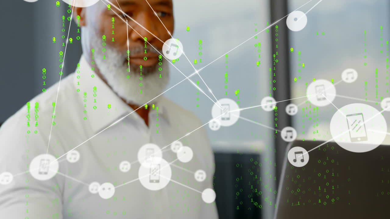 Network of connections and data processing animation over man working on laptop