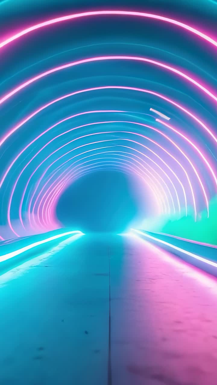 Vertical video: Moving camera through tunnel as rings appearing with floor reflecting neon arches