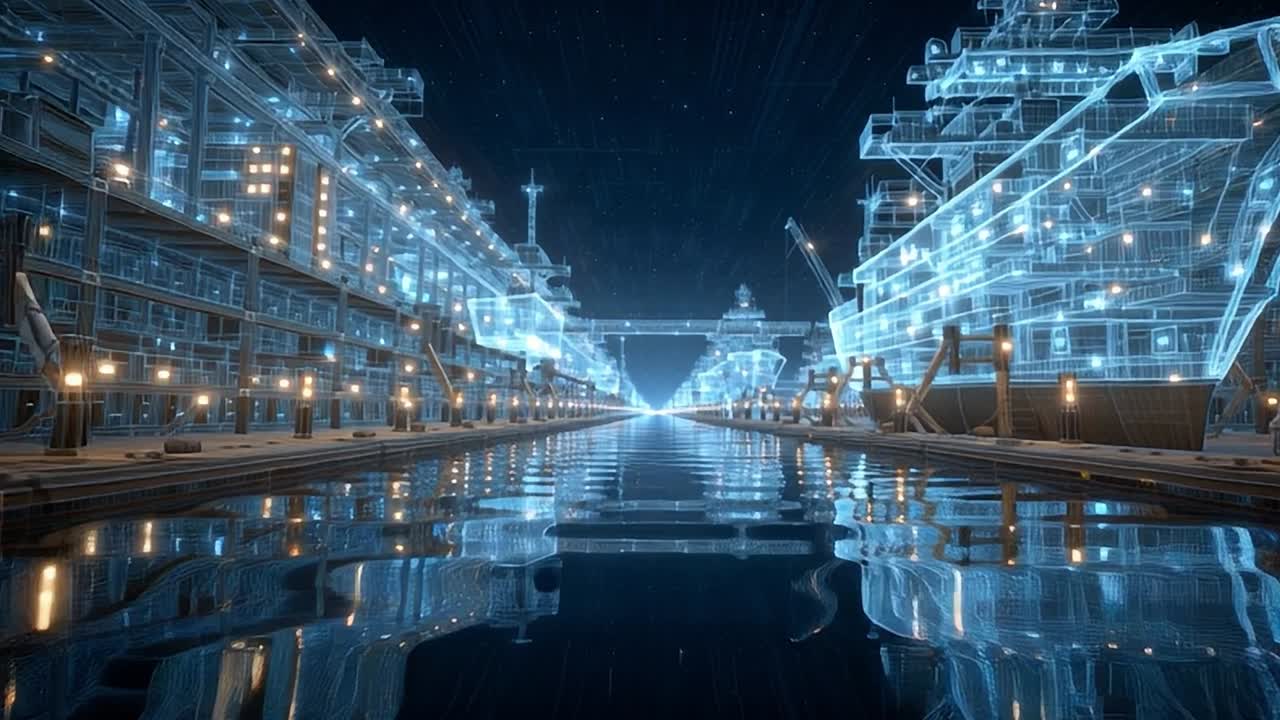 Futuristic shipyard with holographic vessels and serene waterway