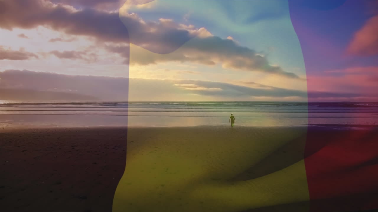 Animation of flag of belgium blowing over seascape
