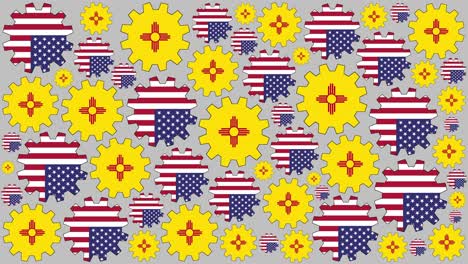bandera estadounidense y de nuevo méxico engranajes girando fondo