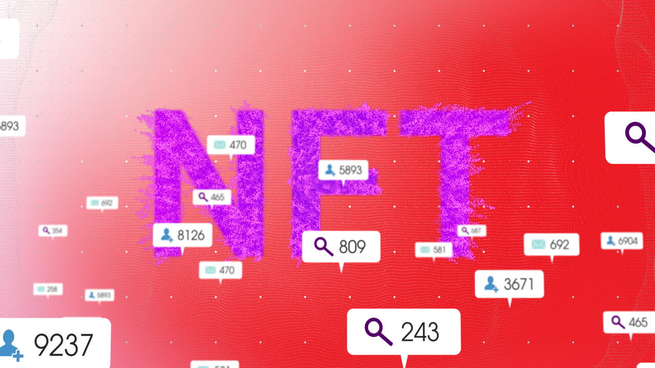 Animation of NFT text in purple with social media icons on red background