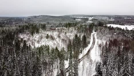 Filmische-Drohnen-Zeigen-Winter,-Wald,-Straße,-Autoreisen