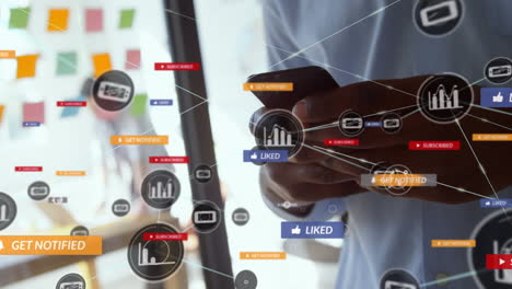 animación de la red de conexión con iconos sobre el hombre usando teléfono inteligente