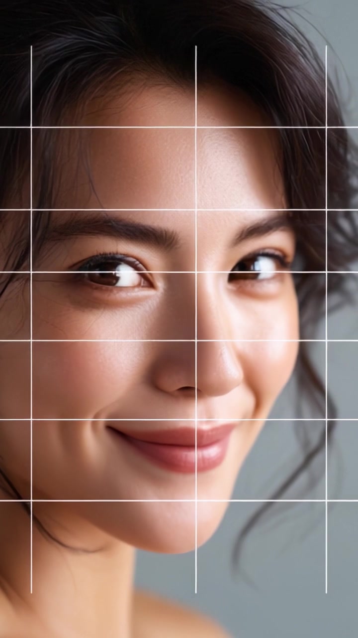 A close-up of a smiling woman showcasing natural beauty and expressive features, captured in frames highlighting facial symmetry, warmth, and charm.