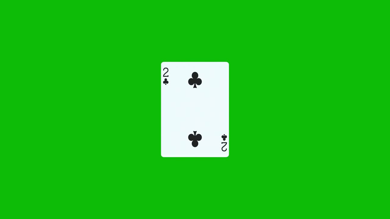 Two of clubs poker card spins and reveals on green screen, 3D animation. You can adjust the timing of the clip to control the reveal effect