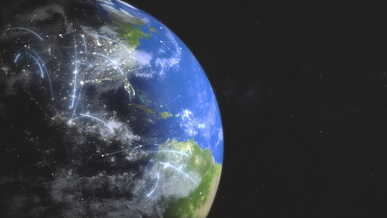 지구 공간 보기의 시각화 디지털 통신 네트워크, 5g 6g 송신기 신호가 국가 간에 교환, 전송 및 전달됩니다.