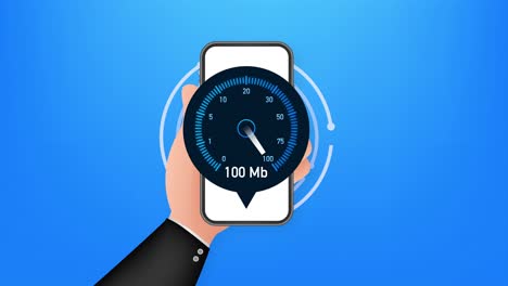 prueba de velocidad en el teléfono inteligente. velocímetro velocidad de internet 100 mb. velocidad del sitio web tiempo de carga. ilustración.