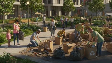 community cleanup efforts: residents join together to restore their shared environment by removing trash and debris from public spaces to enhance urban greenery and aesthetics